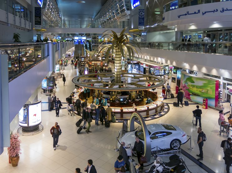 Shopping center in hall of terminal of Dubai International Airport, United Arab Emirates